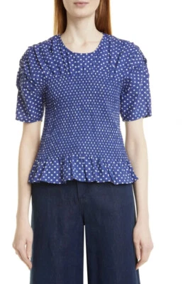 Nuevo con etiquetas Baum und Horsegarten Mynowa Polka Dot Smocked Talla 8 Peplum Top Cotton Blue Foto 1 de 4