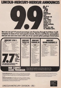 1986 Vintage Print Ad Lincoln-Mercury-Merkur kündigt 9,9 % Red Carpet Lease an - Bild 1 von 2