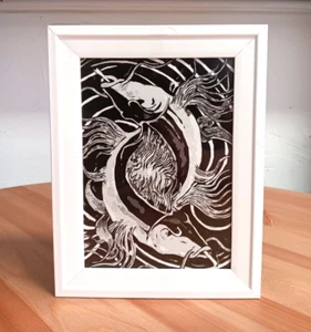 Zociac Pisces Black & White Smoking Fish Wall Art Print Framed Signed Surreal - Picture 1 of 2