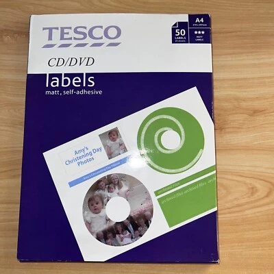 Tesco 50 Matte DVD CD Labels 25 x A4 Sheets Self Adhesive Stickers *bnib* - Image 1 of 4