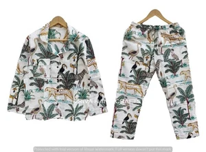 Women Sleepwear Cotton Jungle Print White Hippie Night wear Top-Pajama set - Picture 1 of 8