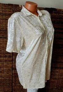 Boho Romantic Pearl White Shine Crushed Velvet Button Up Blouse Shirt Top Sz S - Picture 1 of 4