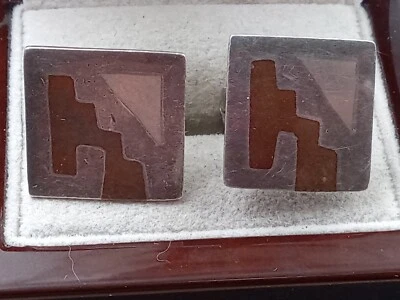 Gemelos de plata esterlina TAXCO México con incrustación de piedras preciosas marrones: cuadrado de 0,75" Foto 1 de 4