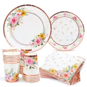 Floral Paper Plates And Napkins Cups Sets Pink Flower Tea Party Supplies Disposa - Picture 1 of 7