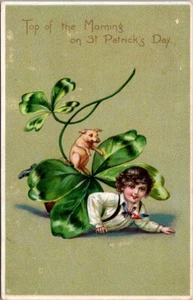 St Patrick Tucks Boy With Lucky Pig Clover u/s Brundage c1908 postcard AP6 - Picture 1 of 2