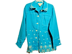 Diane's Essentials Denim Shacket Aqua Blue/White Eyelit Embroidered Floral Sz 1X - Picture 1 of 19
