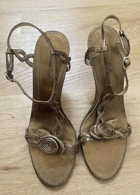 American Eagle~Womens 9.5 M~Rosie Rose Flower Sandals Stilettos~Gold~Leather - Image 1 of 4