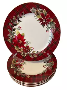 Grace Teaware Red Plaid and Poinsettia 10.5” Dinner Plate Set of 6 NEW - Picture 1 of 4