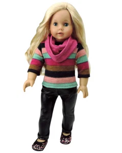 Gestreifter Pullover, Hot Pink Stirnband, Leopard flache Schuhe 3-teiliges Set passt 18" AG Puppen - Bild 1 von 4