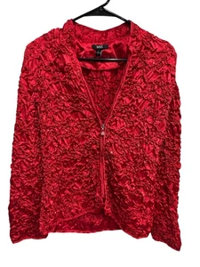 MSK Full Zip Sequin Crinkle Jacket Red Sz Medium Long Sleeve Satin Party Retro - Picture 1 of 9