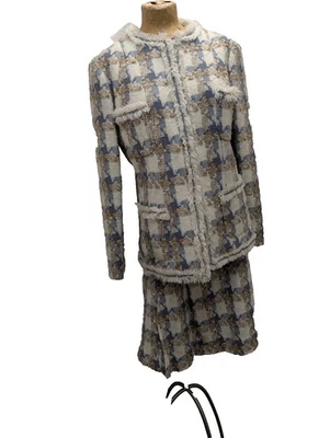 Traje Falda Vintage Años 60 Gris Blanco Marrón Mod Elegante Mezcla Lana Talla Mediana Foto 1 de 4