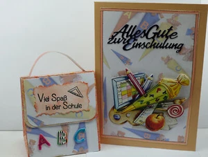 Handarbeit, Geschenkverpackung+Karte, Einschulung, Ranzen,Schulanfang,Zuckertüte - Bild 1 von 2