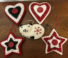 5 Vintage Sequined Felt Christmas Ornaments Hearts Stars Cat