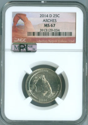 2014 D Arches Quarter NGC MS67 MAC PL . - Image 1 of 2