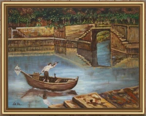 ARTE NAIF BARCAIOLO BARCA SUL FIUME DIGA  oliotavola ENRICO COPETTA COEN BRESCIA - Picture 1 of 2