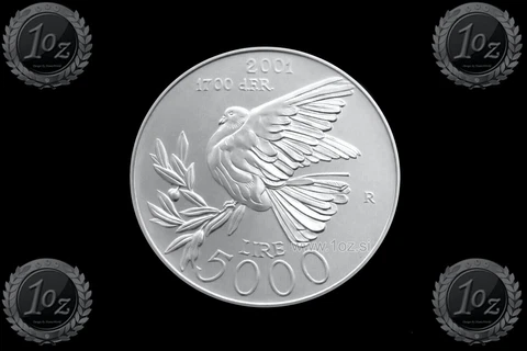 SAN MARINO 5000 LIRE 2001 (DOVE - OLIVE BRANCH) SILVER Commem. Coin (KM#431) UNC Cover