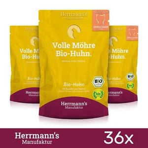36 x Herrmanns Katzenfutter Bio Huhn mit Karotte und Kamut Tiernahrung 100Gr - Bild 1 von 2