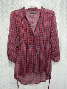 Weavers Top Size S Red Plaid Button Front Sheer Pin Tuck Long Sleeve Ties Casual - Picture 1 of 5