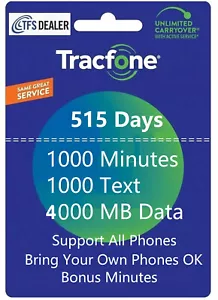 TracFone Service Extension 515 Days 1000min/1000txt/4GB Data. Number Required - Picture 1 of 1