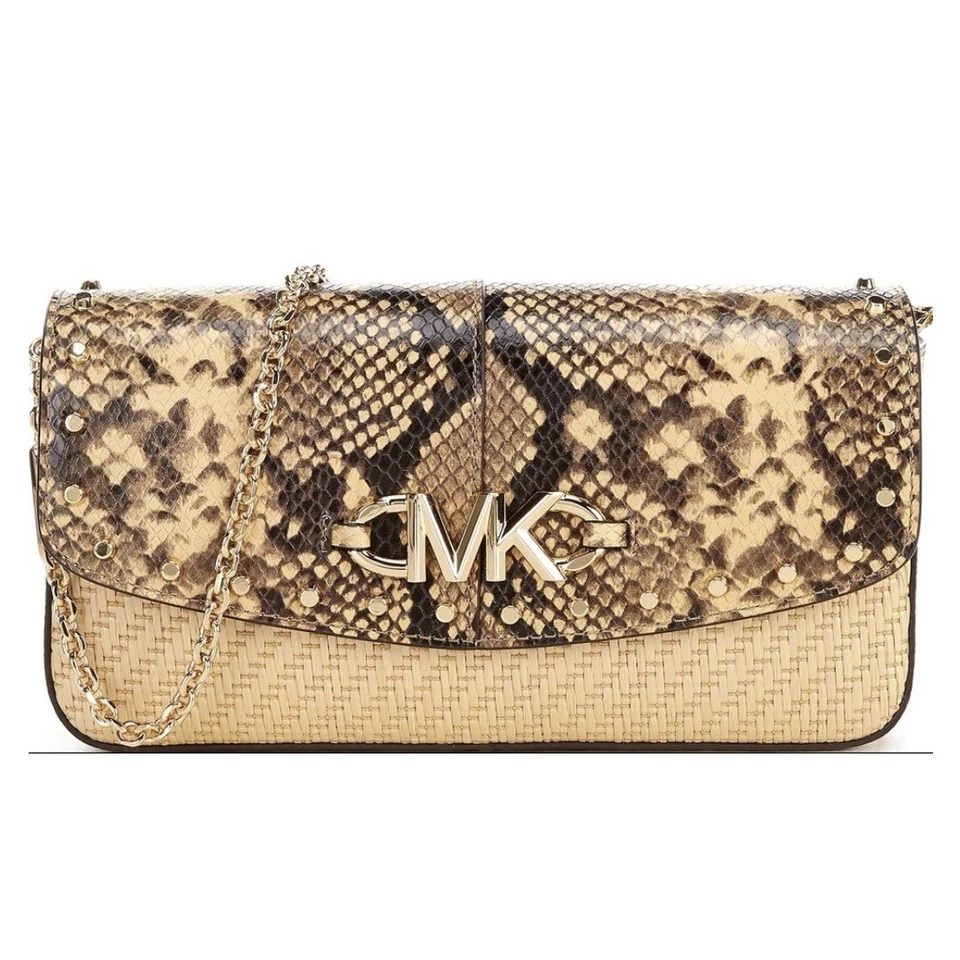 WITH TAG Michael Kors Izzy Natural Large Clutch Gold Metal Chain Python