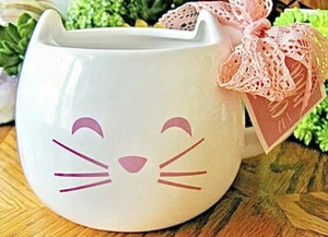 New XL Pink & White Cat Ceramic Coffee Tea Mug Cup w/ Bow - Picture 1 of 8