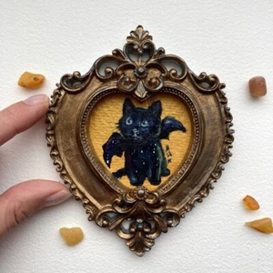 Black Cat Bat Antique Original Oil Painting Gold Framed Signed Tiny Artwork goth - Picture 1 of 14