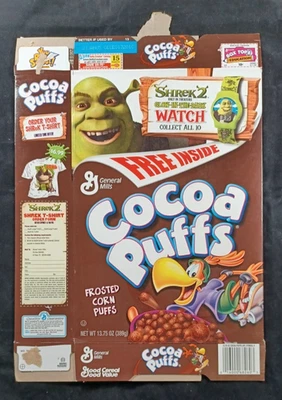 Reloj General Mills Cocoa Puffs Shrek 2 2004 que brilla en la oscuridad caja de cereales plano Foto 1 de 2