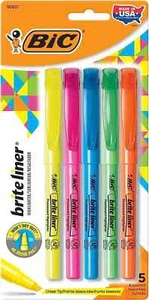BIC Brite Liner Highlighters, Chisel Tip, 5-Count Pack of Highlighters Assorted - Picture 1 of 7