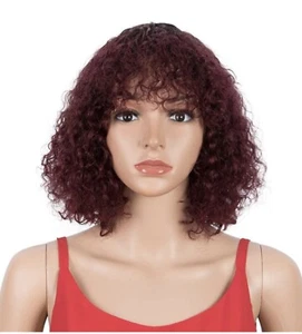 SPOTLIGHT Short Bob Wig 10” Curly Wavy Human Hair Bangs Ombre Red, TT1B/99J - Picture 1 of 5