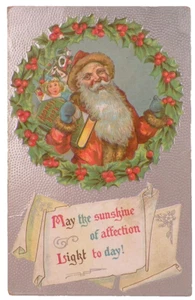 Santa Claus Postcard Christmas Greeting Wreath Toys Die Cut Vintage #11 - Picture 1 of 4
