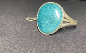 Vintage Monet Silberfarben Armreif Armband mit großem Faux Türkis Carbachon - Bild 1 von 12
