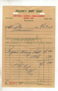 Vintage 1966 Receipt from Fellion's Body Shop Racine Wisconsin - Picture 1 of 2