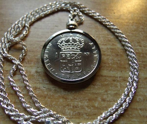 1968 SWEDEN SILVER KRONA Sparkling COIN Pendant w/  24" Italy Silver Rope Chain - Picture 1 of 3
