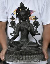 18" Old Chinese Copper Buddhism Green Tara Mahayana Enlightenment Goddess Statue