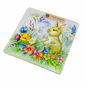 Easter Bunny Rabbit Spring Flowers Set of 4 Cork Hardboard Square Placemats - Picture 1 of 1