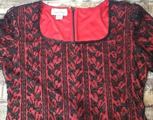 Vintage Lawrence Kazar Tüll Perlen schwarz und rot Abend Top Größe 2XL - Bild 1 von 15