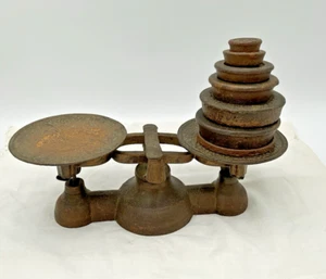 Vtg Cast Iron Balance Scale w Weights Kitchen Shop Factory Apothecary Banking - Picture 1 of 10
