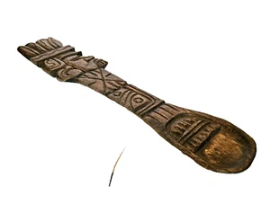 Vintage Wood Hand Carved Mayan Aztec Tiki Wall Decor Spoon 23" Tall - Picture 1 of 8