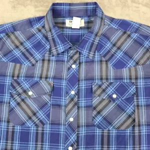 Duke Haband Pearl Snap Mens XL Long Sleeve Button Up Shirt Western Blue Plaid - Picture 1 of 12