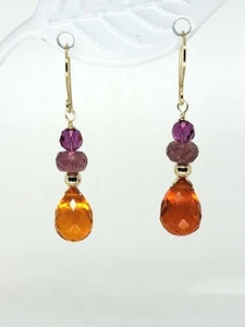 14k Yellow Gold Carnelian Briolette and Pink Sapphire Drop Dangle Earrings - Picture 1 of 5