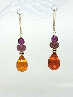 Pendientes colgantes colgantes de oro amarillo de 14k con briolette de cornalina y zafiro rosa Foto 1 de 4