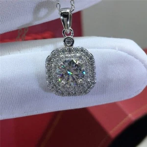 3Ct Round-Cut Halo Certified Moissanite Pendant With Chain 14K White Gold Finish - Picture 1 of 4
