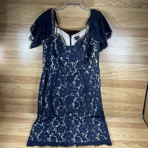 Vestido Vaina City Chic Azul Marino Desnudo Encaje Floral Midi Hombro Descubierto Talla M/18 - Imagen 1 de 16