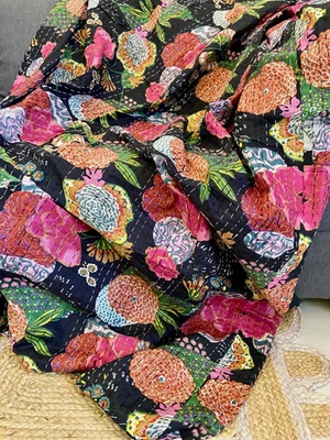 Indian Handmade Cotton Kantha Quilt Black Floral Print King Bedspread Blanket - Image 1 of 4