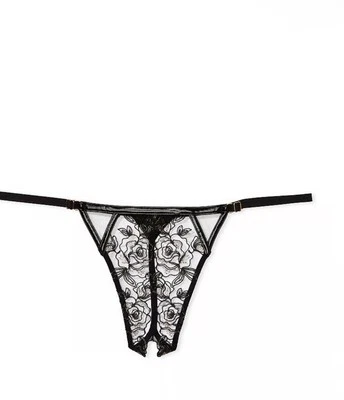 Victoria's Secret 刺绣花卉人造皮革锁眼 V 字裤丁字裤 L — 第 1/3 张图片