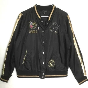 Torrid Satin Embroidered Sequin Patches Glitter Black Bomber Jacket Sz 1 Medium - Picture 1 of 9
