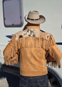 RARE Vintage POLO RALPH LAUREN Western Shorthorn Hair Fringe Leather Jacket L - Picture 1 of 10