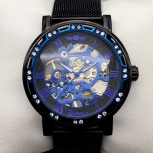 Winner Skelton Watch Men 40mm Black Blue Dial Mesh Band Manual Wind - Picture 1 of 15