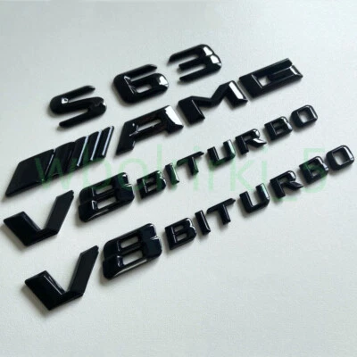 Für Mercedes Benz S63 AMG V8 BITURBO Emblem Aufkleber Schwarz Glänz Auto NEW - Bild 1 von 3
