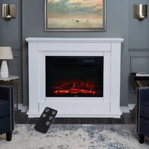 Electric Fireplace Insert LED Log Fire Flame White Surround Standing Heater Set - Picture 1 of 15